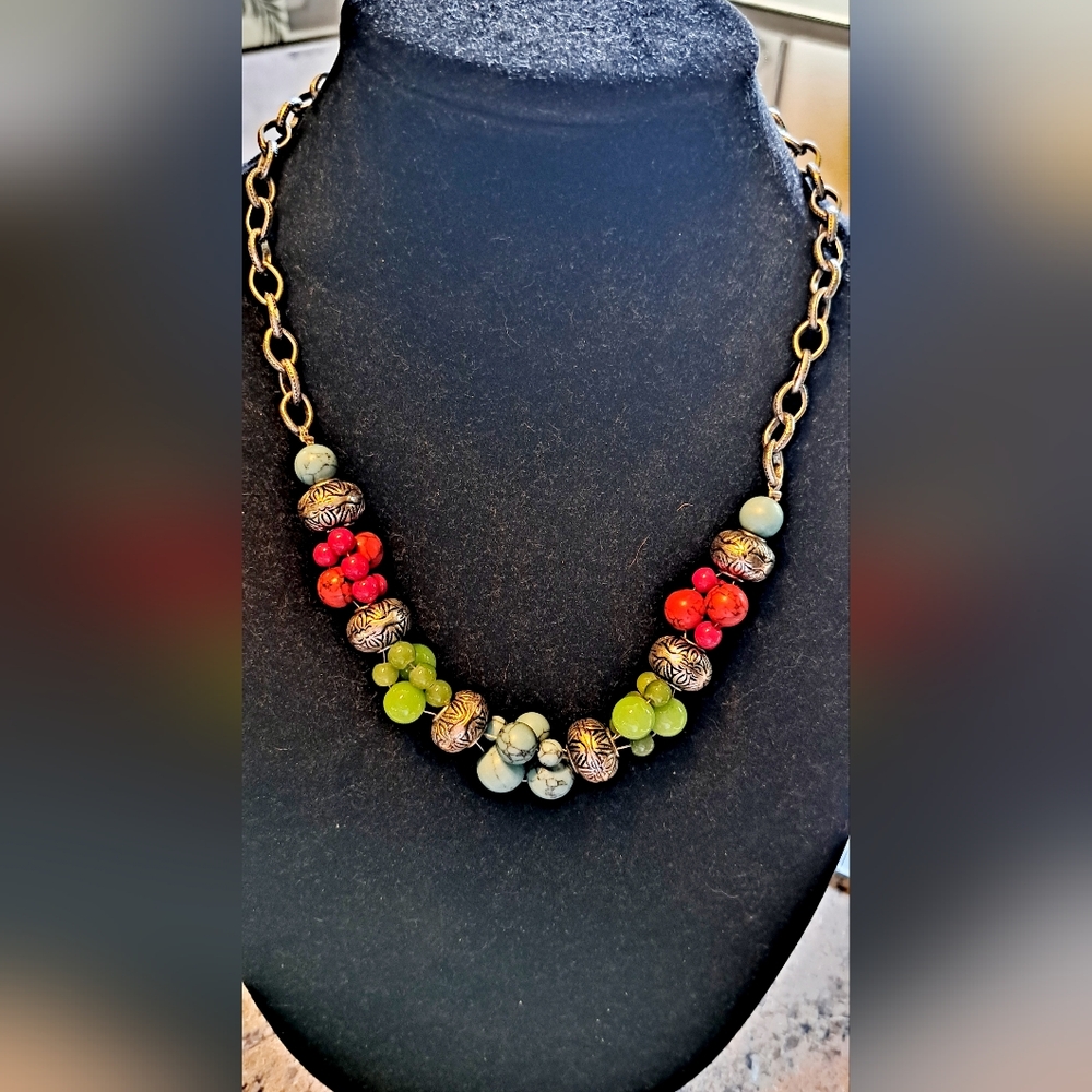 Gorgeous Karma Bella Silver Toned Fashion Necklace With Red And Jade Clrd Stones